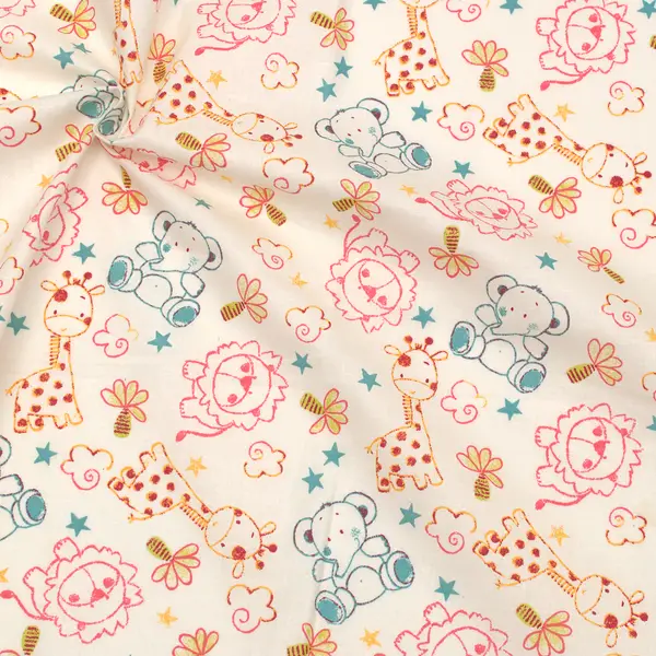 100% Baumwolle Popeline "Tierkinder & Sterne" Farbe Ecru Neu