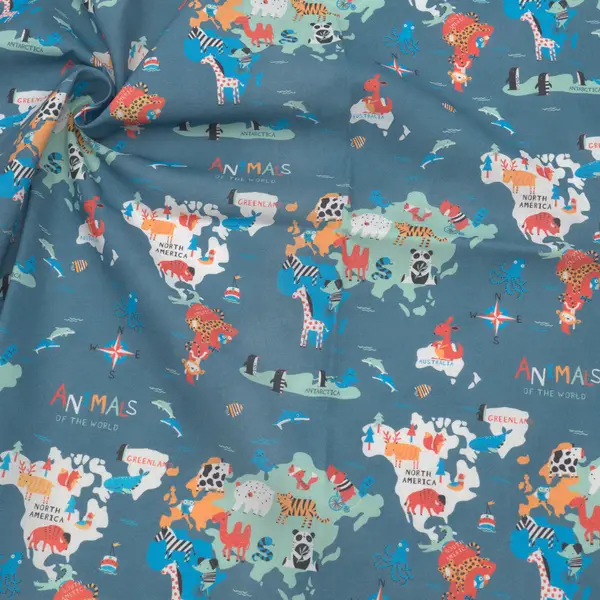 Neuheit 100% Baumwolle Popeline "Tiere dieser Welt" Farbe Tauben-Blau