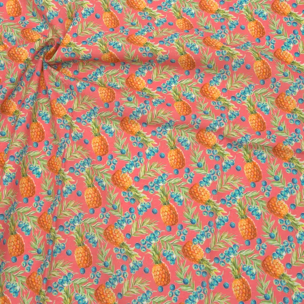 Sale 100% Baumwolle Popeline "Ananas & Beeren" Farbe Rot-Orange