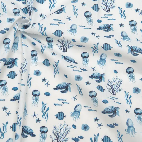 100% Baumwolle Popeline "Sealife 2" Farbe Weiss Jetzt Bestellen