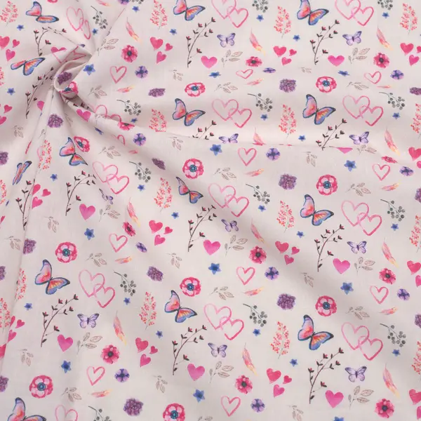 Sale 100% Baumwolle Popeline "Schmetterlinge, Blumen & Herzen" Farbe Blass-Rosa