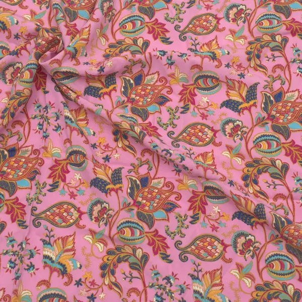Rabatt 100% Viskose Javanaise "Orientalische Blumenranken" Farbe Rosa-Pink