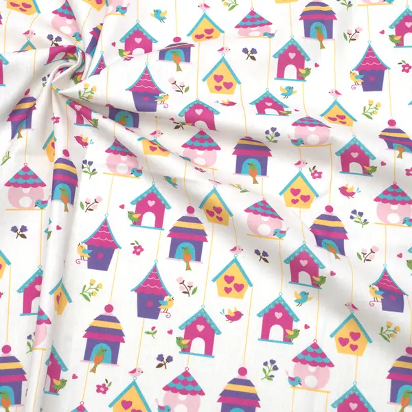 Super-Preis 100% Baumwolle Popeline "Bunte Vogelhäuschen" Farbe Weiss