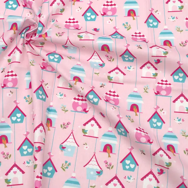 100% Baumwolle Popeline "Bunte Vogelhäuschen" Farbe Rosa Abverkauf