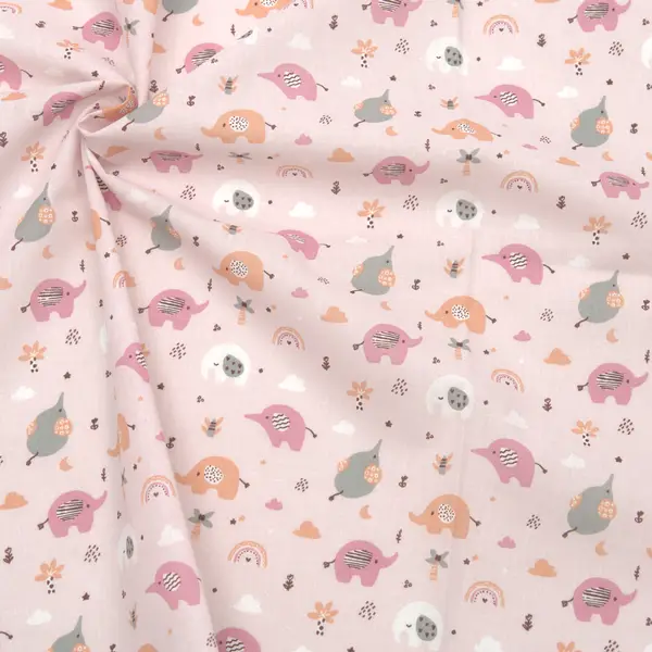 100% Baumwollstoff "Mäuse & Elefanten" Farbe Hell-Rosa Preiswert