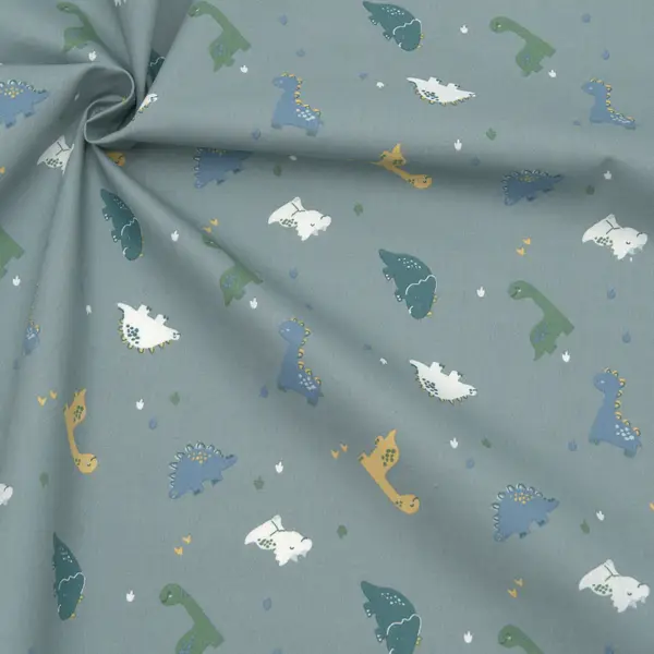 100% Baumwolle Popeline "Dino Mix 3" Farbe Grau-Grün Neue Kollektion