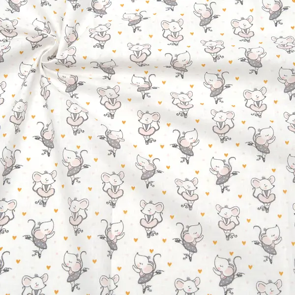 100% Baumwollstoff "Ballerina-Mäuse" Farbe Weiss Knallerangebot