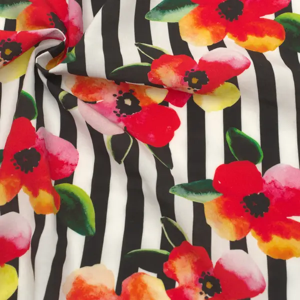 Preiswert 100% Viskose Modestoff "Aquarell-Blüten & Streifen" Farbe Schwarz-Weiss