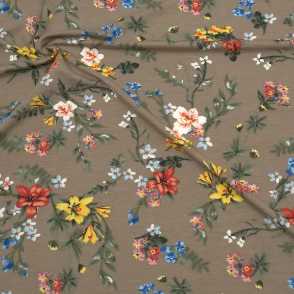 Viskose Stretch Jersey "Blumen Mix 3" Farbe Beige-Taupe Direktkauf