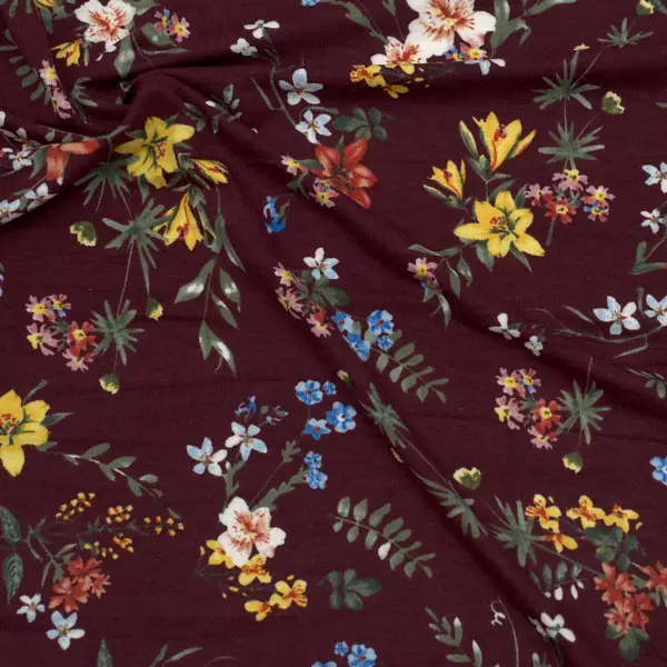 Preisreduziert Viskose Stretch Jersey "Blumen Mix 3" Farbe Weinrot