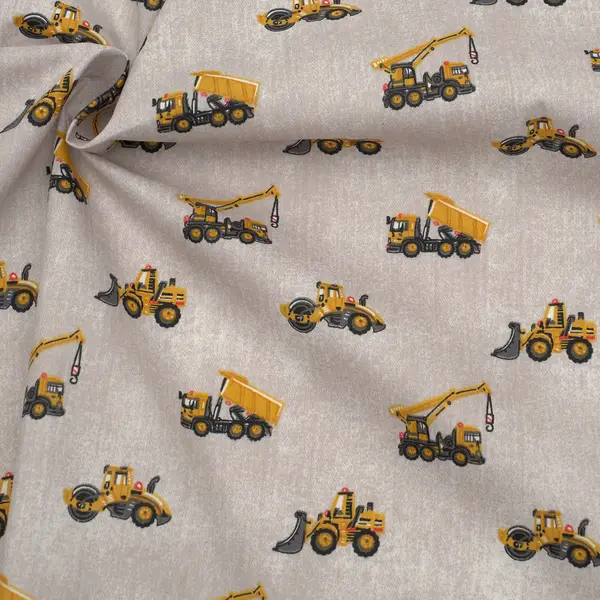 100% Baumwolle Popeline "Baufahrzeuge 4" Farbe Beige Direkt Vom Hersteller