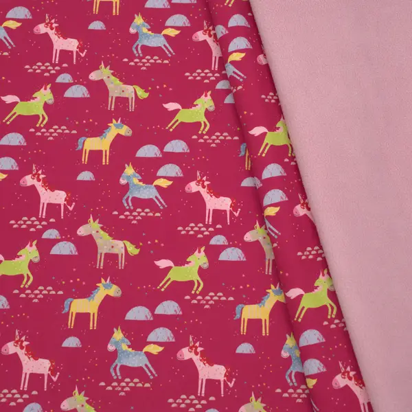 Softshell Fleece Stoff "Einhorn-Welt" Farbe Pink Neuheit