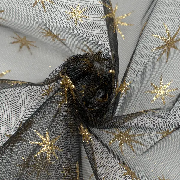Tüll Stoff "Gold Glitzer Sterne" Farbe Schwarz Neuheit