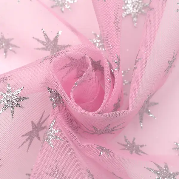 Tüll Stoff "Silber Glitzer Sterne" Farbe Rosa Preisknaller