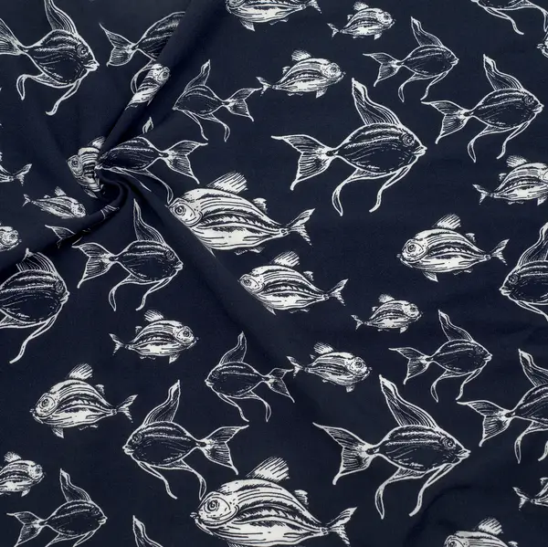 100% Viskose Javanaise "Fische-Mix 2" Farbe Navy-Blau Expressversand