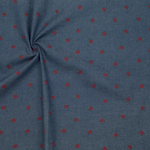 Preisknaller 100% Baumwollstoff Chambray "Kleine Marienkäfer" Farbe Indigo-Blau