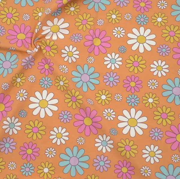 Top-Seller Baumwoll Stretch Jersey "Bunte Gänseblümchen" Farbe Orange