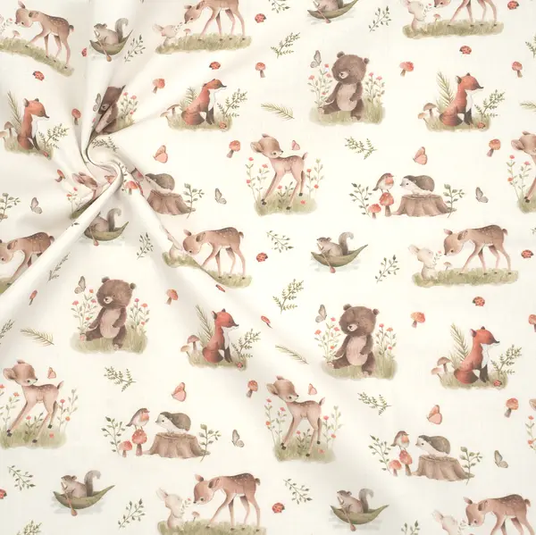 100% Baumwolle Popeline "Waldtier Mix" Farbe Weiss Rabatt