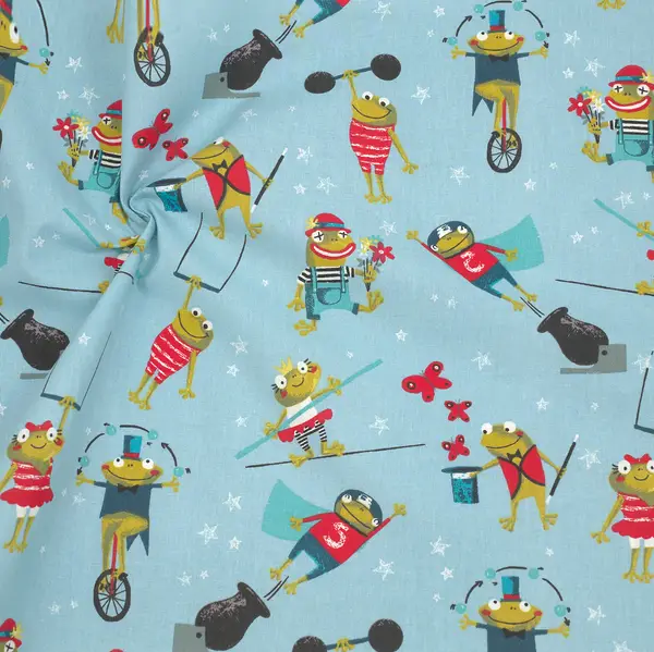 100% Baumwollstoff "Frosch-Zirkus" Farbe Hell-Blau Garantierte Lieferung