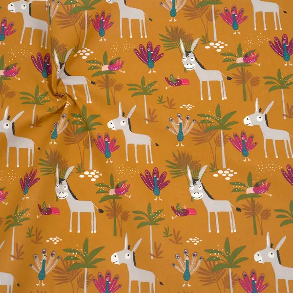 Preis Gesenkt 100% Baumwollstoff "Esel & Vögel" Farbe Orange-Braun