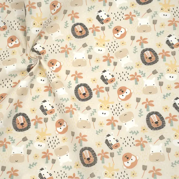 Saisonangebot 100% Baumwollstoff "Tiergesichter & Pflanzen" Farbe Hell-Beige