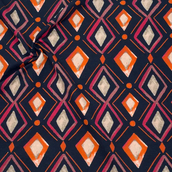 Viskose Stretch Jersey "Rauten Inka-Look" Farbe Navy-Blau Zertifiziert