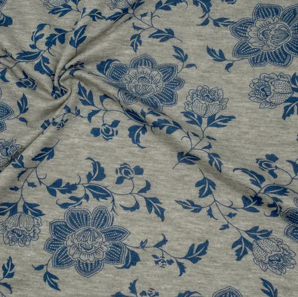 Viskose Stretch Jersey "Blaue Blumenranken" Farbe Grau meliert Neue Kollektion