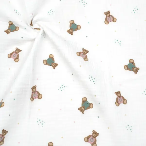 Sichere Zahlung 100% Baumwolle Musselin Double Gauze "Teddys & Sterne" Farbe Weiss