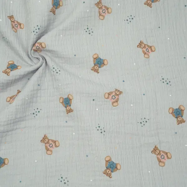 Nur Für Kurze Zeit 100% Baumwolle Musselin Double Gauze "Teddys & Sterne" Farbe Hell-Grau