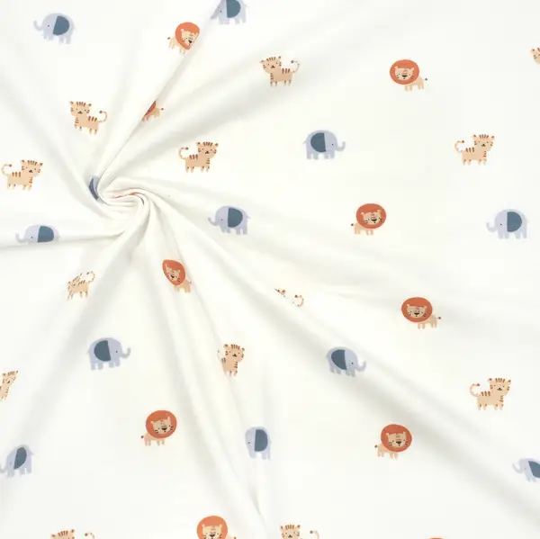 Top-Preis Baumwoll Stretch Jersey "Elefanten, Löwen & Tiger" Farbe Creme-Weiss