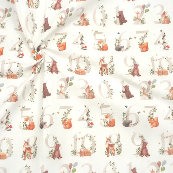 100% Baumwolle Popeline "Tiere & Zahlen" Farbe Weiss Top-Seller