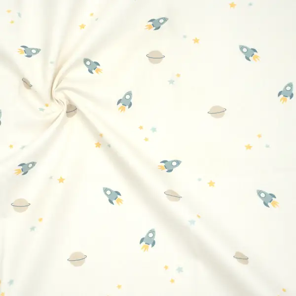 100% Baumwolle Popeline "Raketen" Farbe Creme-Weiss Sonderaktion