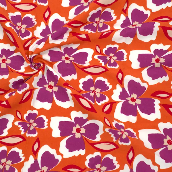 100% Viskose Javanaise "Retro Hawaii Blüten" Farbe Orange Zertifiziert
