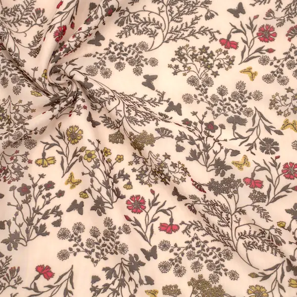 Polyester Chiffon "Blumen & Schmetterlinge" Farbe Lachs Expressversand