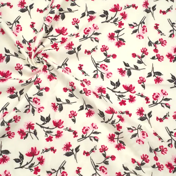 Finale Aktion 100% Viskose Javanaise "Pink Flowers 2" Farbe Ecru