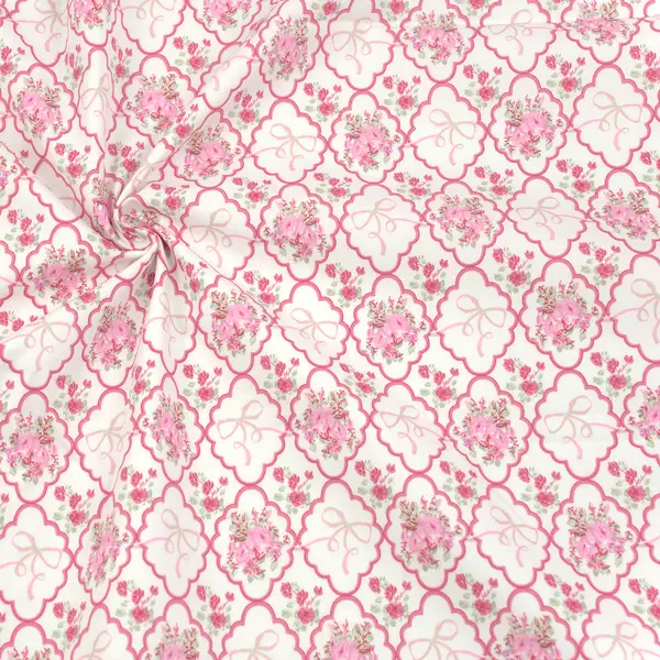 100% Baumwolle Popeline "Rosen und Schleifen" Farbe Weiss-Rosa Finale Aktion