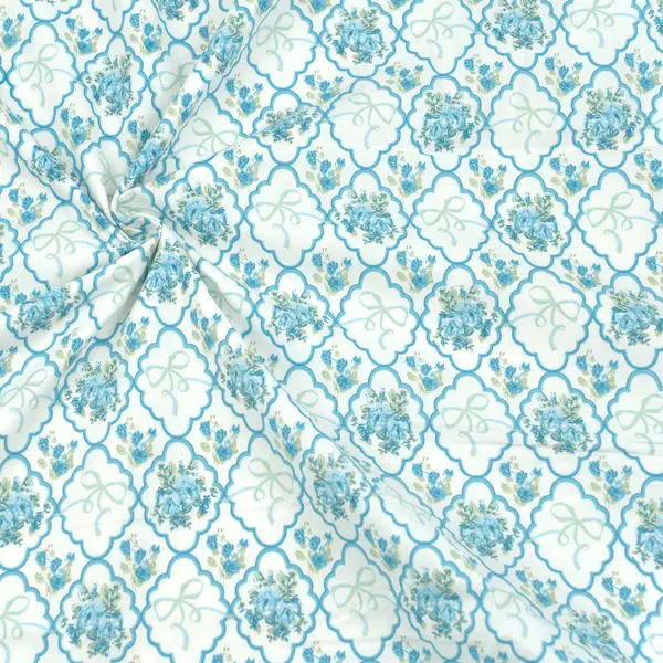 100% Baumwolle Popeline "Rosen und Schleifen" Farbe Weiss-Türkis Neue Kollektion
