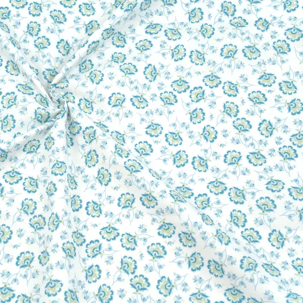 Nur Für Kurze Zeit 100% Baumwolle Popeline "Blumen Design" Farbe Weiss-Türkis