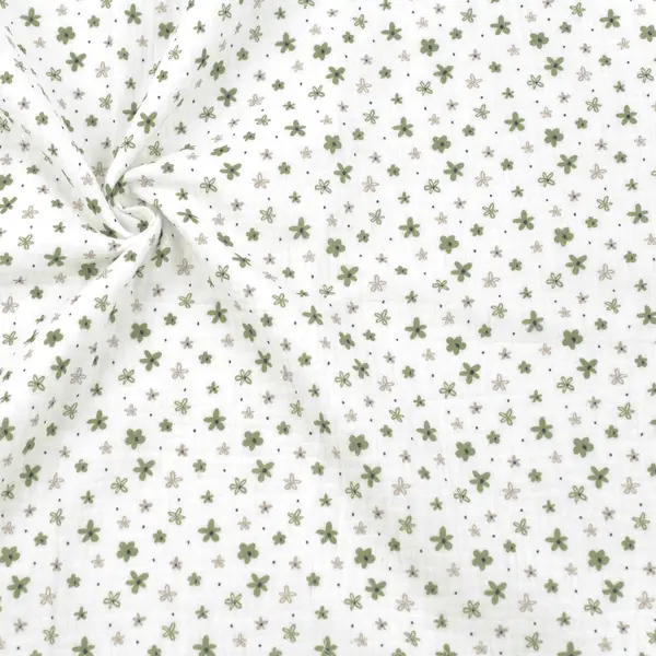 Super-Preis 100% Baumwolle Musselin Double Gauze "Grüne Blümchen" Farbe Weiss