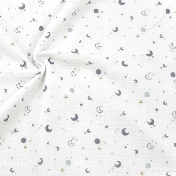 100% Baumwolle Musselin Double Gauze "Monde & Sterne 2" Farbe Weiss Geprüft