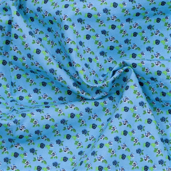 100% Baumwolle Popeline "Röschen klein" Farbe Tauben-Blau Neue Ware