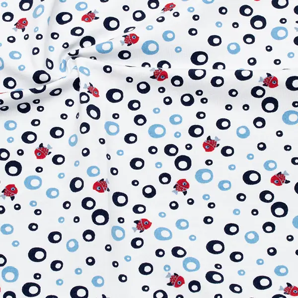 Bestpreis Baumwoll Stretch Jersey "Fishes & Bubbles" Farbe Weiss