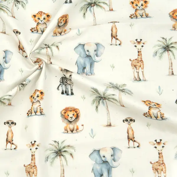 100% Baumwolle Popeline "Tierkinder & Palmen" Farbe Creme-Weiss Jetzt Kaufen