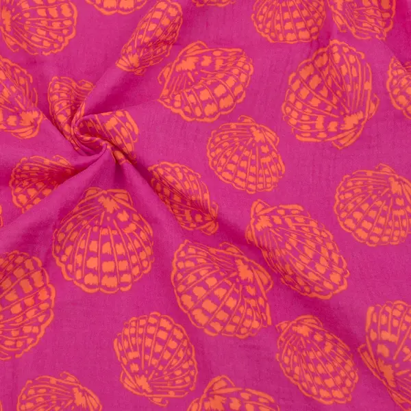 100% Baumwolle Musselin Double Gauze "Muscheln" Farbe Fuchsia-Orange Sale