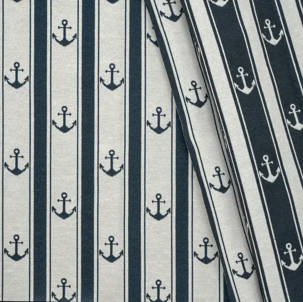 3,80 Meter - Jacquard Dekostoff Doubleface "Anker & Streifen" Farbe Navy-Blau Ecru Geprüft