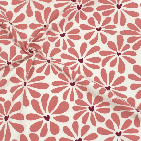 Sofort Bestellen Baumwoll Stretch Jersey "Herzblumen" Farbe Creme-Weiss