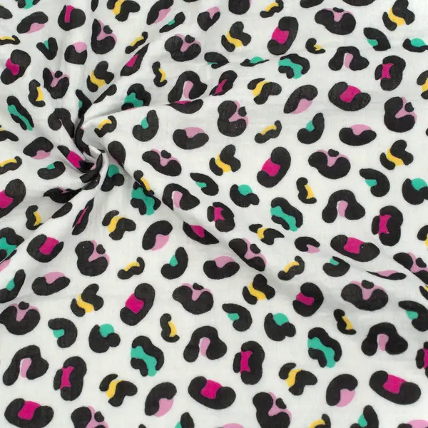100% Baumwolle Musselin Double Gauze "Leopard Bunt 2" Farbe Creme-Weiss Angebot