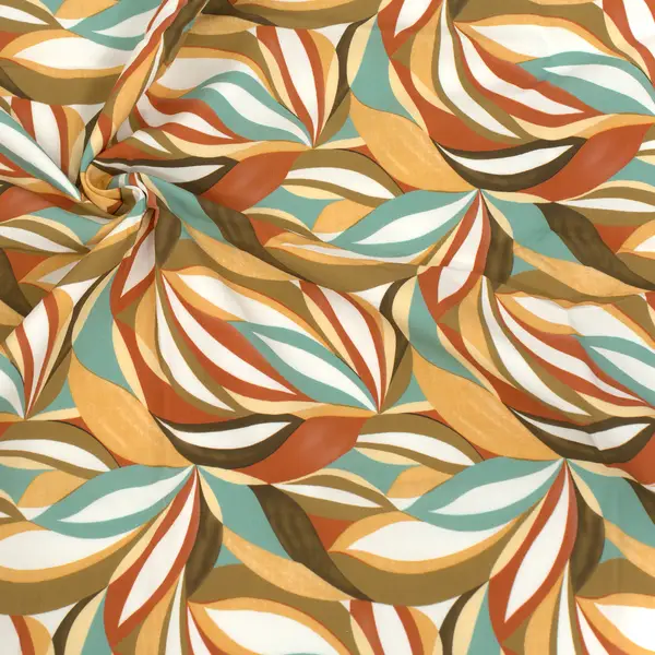 Zertifiziert 100% Viskose Modestoff "Retro Blätter" Farbe Curry-Multicolor