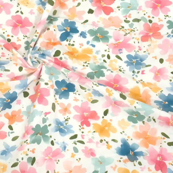 100% Viskose Modestoff "Bunte Aquarellblüten" Farbe Creme-Weiss Abverkauf