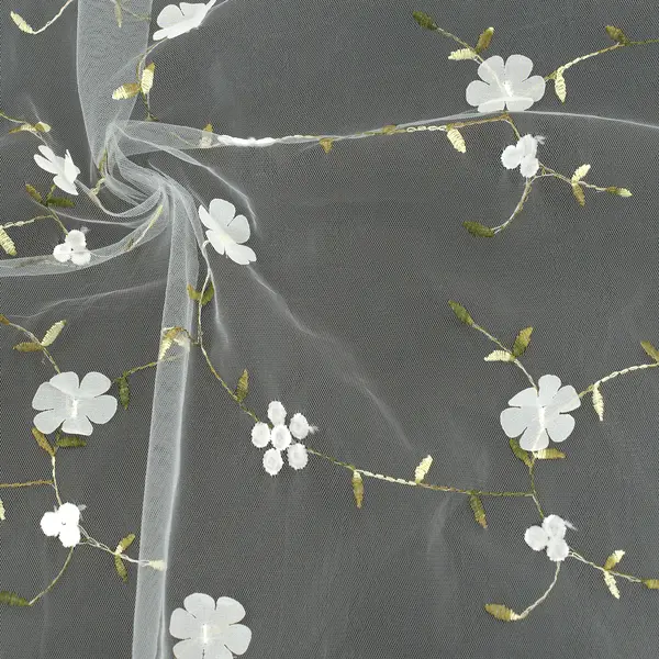Soft Tüll Stoff bestickt "Blumenranken 14" Farbe Creme-Weiss Preisreduziert